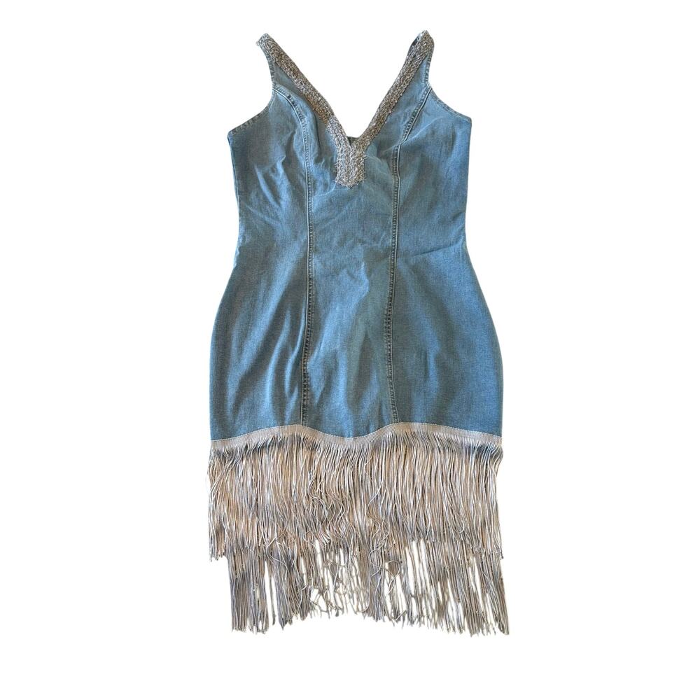 Sleeveless Blue Denim Mini Dress with Fringe
